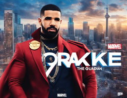 Drake as a Marvel superhero in a stylish suit, striking a powerful pose against Toronto skyline with 'Drake: The 6ix Guardian' title