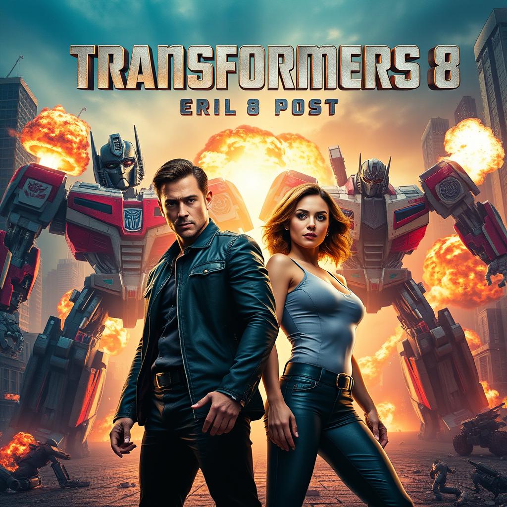 An exciting movie poster for 'TRANSFORMERS 8 Teaser (2025)', prominently featuring Shia LaBeouf and Megan Fox in dynamic poses, showcasing their iconic roles in the Transformers universe