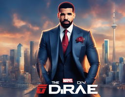 Drake as a Marvel superhero in a stylish suit, striking a powerful pose against Toronto skyline with 'Drake: The 6ix Guardian' title