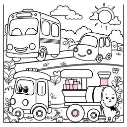 A delightful coloring book page filled with cute, cartoonish vehicles for children, featuring a bright and cheerful scene