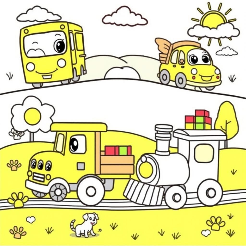 A delightful coloring book page filled with cute, cartoonish vehicles for children, featuring a bright and cheerful scene