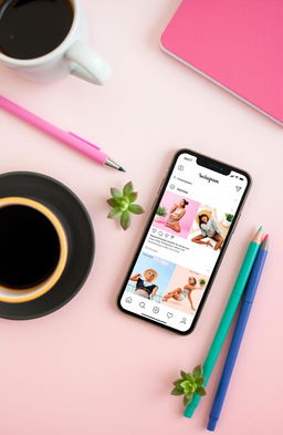 An aesthetically pleasing flat lay of a modern social media setup featuring an elegant smartphone displaying a stylish Instagram feed, surrounded by trendy accessories such as a coffee cup, a beautiful notebook, and colorful pens