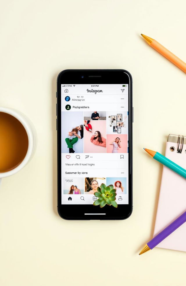 An aesthetically pleasing flat lay of a modern social media setup featuring an elegant smartphone displaying a stylish Instagram feed, surrounded by trendy accessories such as a coffee cup, a beautiful notebook, and colorful pens