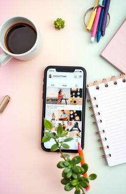 An aesthetically pleasing flat lay of a modern social media setup featuring an elegant smartphone displaying a stylish Instagram feed, surrounded by trendy accessories such as a coffee cup, a beautiful notebook, and colorful pens