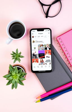 An aesthetically pleasing flat lay of a modern social media setup featuring an elegant smartphone displaying a stylish Instagram feed, surrounded by trendy accessories such as a coffee cup, a beautiful notebook, and colorful pens