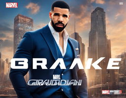 Drake as a Marvel superhero in a stylish suit, striking a powerful pose against Toronto skyline with 'Drake: The 6ix Guardian' title