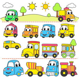 A collection of adorable and colorful vehicles designed for a children's coloring book, featuring a variety of cute cars, trucks, buses, and trains