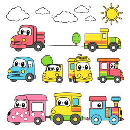 A collection of adorable and colorful vehicles designed for a children's coloring book, featuring a variety of cute cars, trucks, buses, and trains