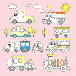 A collection of adorable and colorful vehicles designed for a children's coloring book, featuring a variety of cute cars, trucks, buses, and trains
