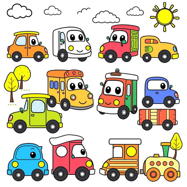 A collection of adorable and colorful vehicles designed for a children's coloring book, featuring a variety of cute cars, trucks, buses, and trains