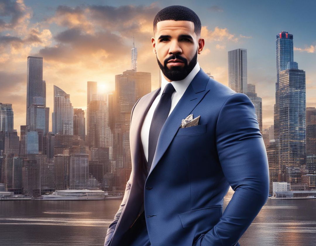 Drake as a Marvel superhero in a stylish suit, striking a powerful pose against Toronto skyline with 'Drake: The 6ix Guardian' title