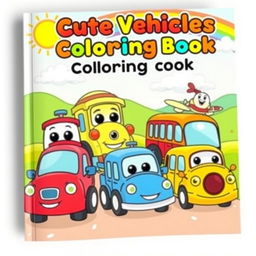 A vibrant and colorful book cover for a children's coloring book featuring cute vehicles