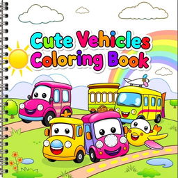 A vibrant and colorful book cover for a children's coloring book featuring cute vehicles