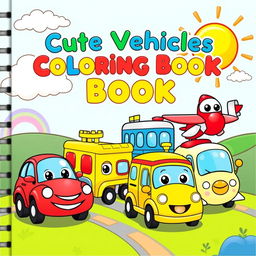A vibrant and colorful book cover for a children's coloring book featuring cute vehicles