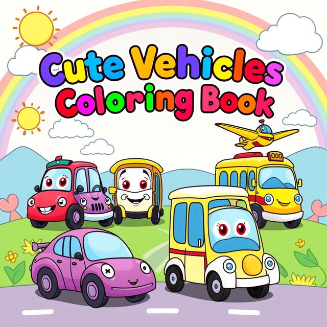 A vibrant and colorful book cover for a children's coloring book featuring cute vehicles