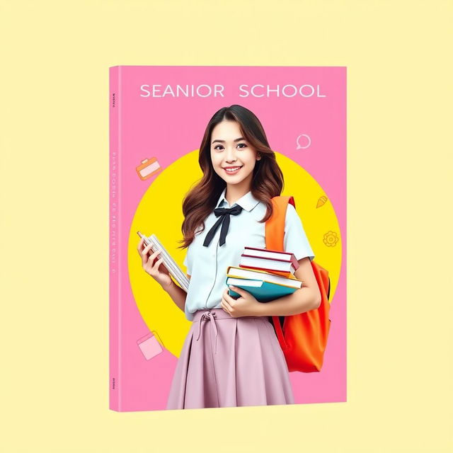 A vibrant book cover design featuring a senior high school girl at the center