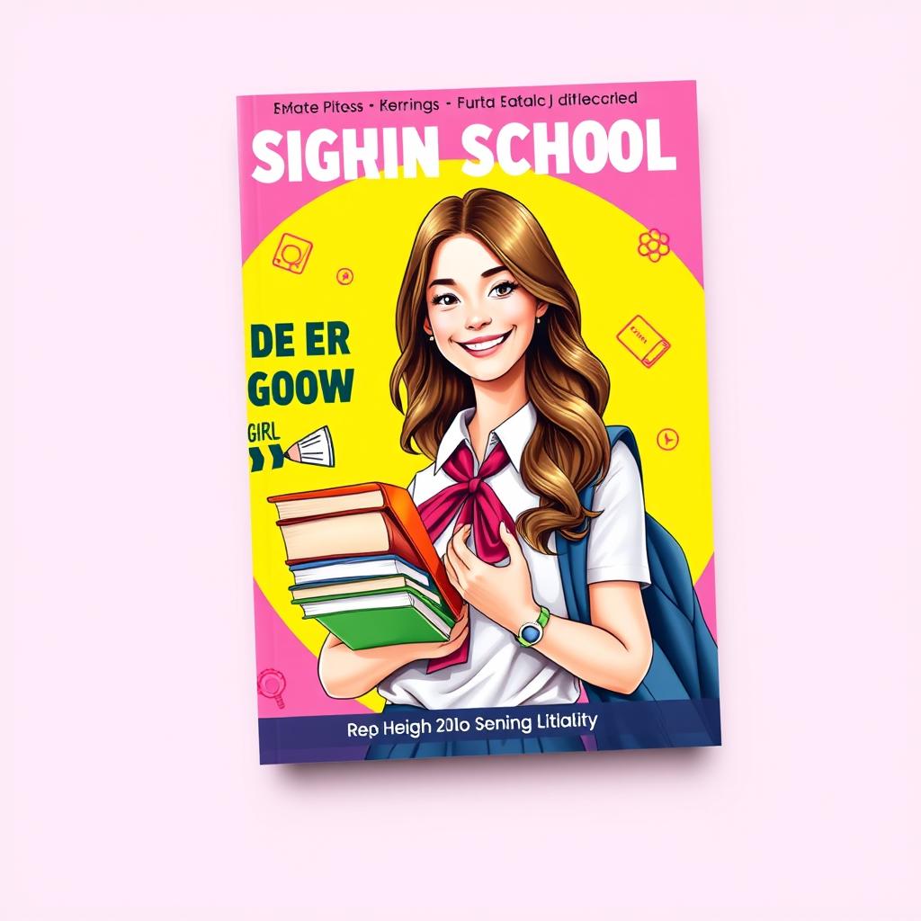 A vibrant book cover design featuring a senior high school girl at the center