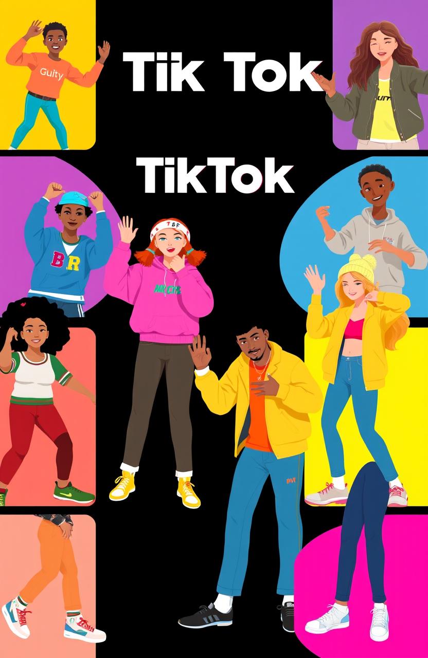 A vibrant and lively TikTok showcase feature displaying various popular TikTok trends, dances, and challenges