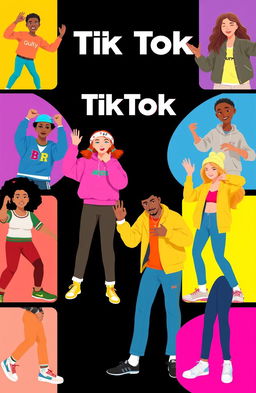 A vibrant and lively TikTok showcase feature displaying various popular TikTok trends, dances, and challenges