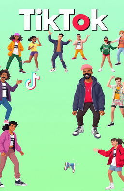 A vibrant and lively TikTok showcase feature displaying various popular TikTok trends, dances, and challenges