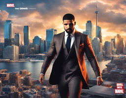 Drake as a Marvel superhero in a stylish suit, striking a powerful pose against Toronto skyline with 'Drake: The 6ix Guardian' title