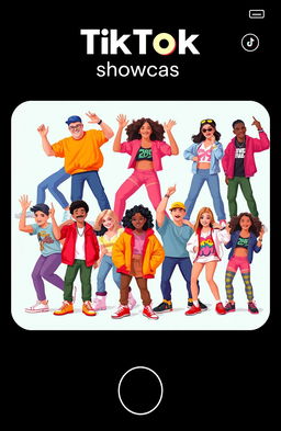 A vibrant and lively TikTok showcase feature displaying various popular TikTok trends, dances, and challenges