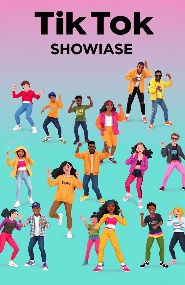 A vibrant and lively TikTok showcase feature displaying various popular TikTok trends, dances, and challenges