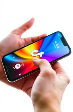 A close-up of a person's hand holding a modern TikTok cellphone, displaying the colorful TikTok app interface on the screen