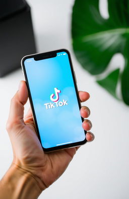 A close-up of a person's hand holding a modern TikTok cellphone, displaying the colorful TikTok app interface on the screen