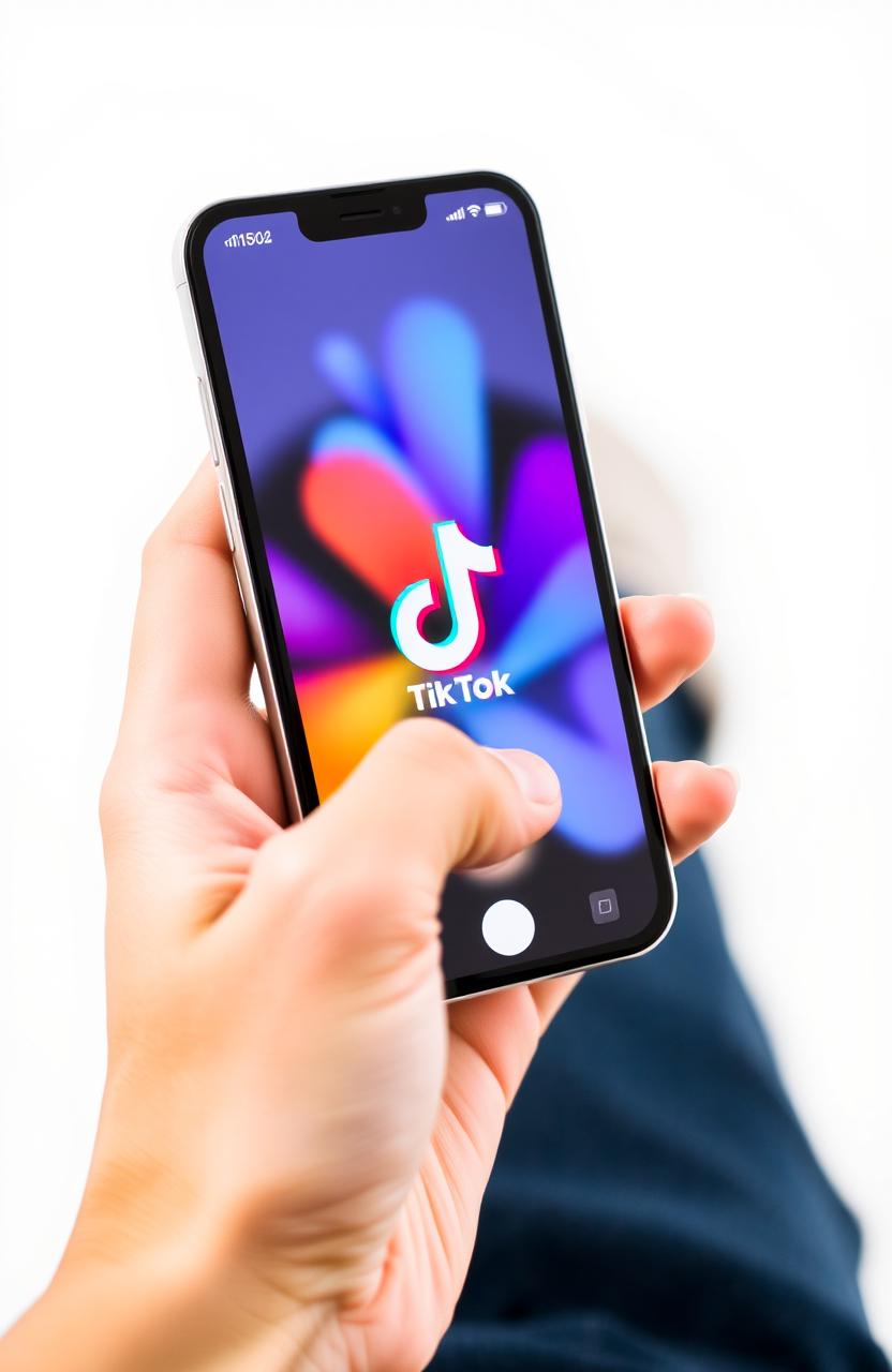 A close-up of a person's hand holding a modern TikTok cellphone, displaying the colorful TikTok app interface on the screen