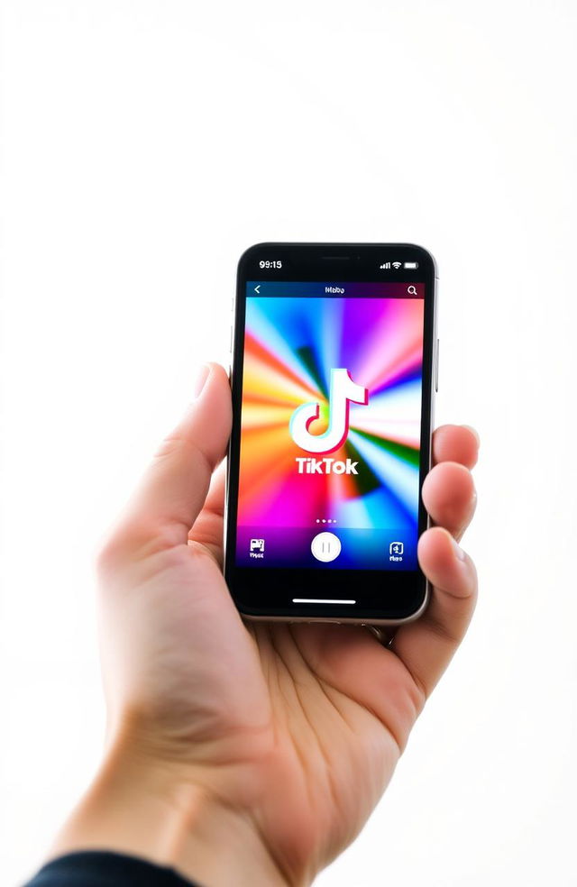 A close-up of a person's hand holding a modern TikTok cellphone, displaying the colorful TikTok app interface on the screen