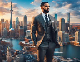 Drake as a Marvel superhero in a stylish suit, striking a powerful pose against Toronto skyline with 'Drake: The 6ix Guardian' title