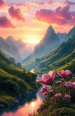A stunning fantasy landscape inspired by a novel titled 'A Tale of Two Wishes,' featuring lush green valleys, majestic mountains in the background, and whimsical flora