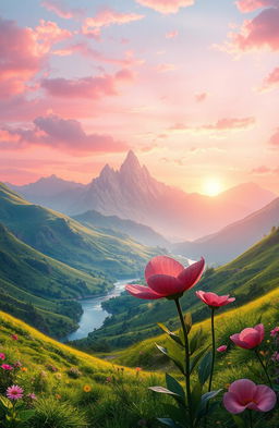 A stunning fantasy landscape inspired by a novel titled 'A Tale of Two Wishes,' featuring lush green valleys, majestic mountains in the background, and whimsical flora