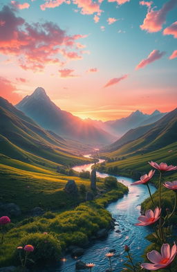 A stunning fantasy landscape inspired by a novel titled 'A Tale of Two Wishes,' featuring lush green valleys, majestic mountains in the background, and whimsical flora