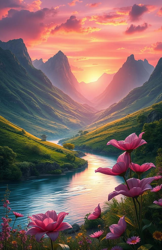 A stunning fantasy landscape inspired by a novel titled 'A Tale of Two Wishes,' featuring lush green valleys, majestic mountains in the background, and whimsical flora