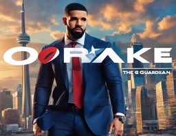 Drake as a Marvel superhero in a stylish suit, striking a powerful pose against Toronto skyline with 'Drake: The 6ix Guardian' title