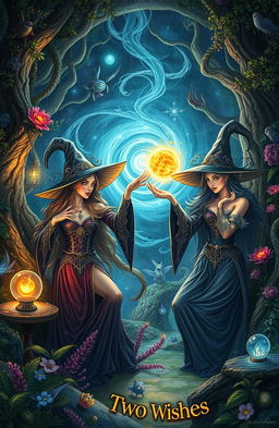 A mystical scene depicting powerful witches casting spells in a lush enchanted forest, adorned with magical artifacts and vibrant flora