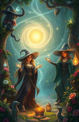 A mystical scene depicting powerful witches casting spells in a lush enchanted forest, adorned with magical artifacts and vibrant flora