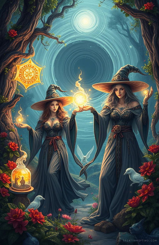 A mystical scene depicting powerful witches casting spells in a lush enchanted forest, adorned with magical artifacts and vibrant flora