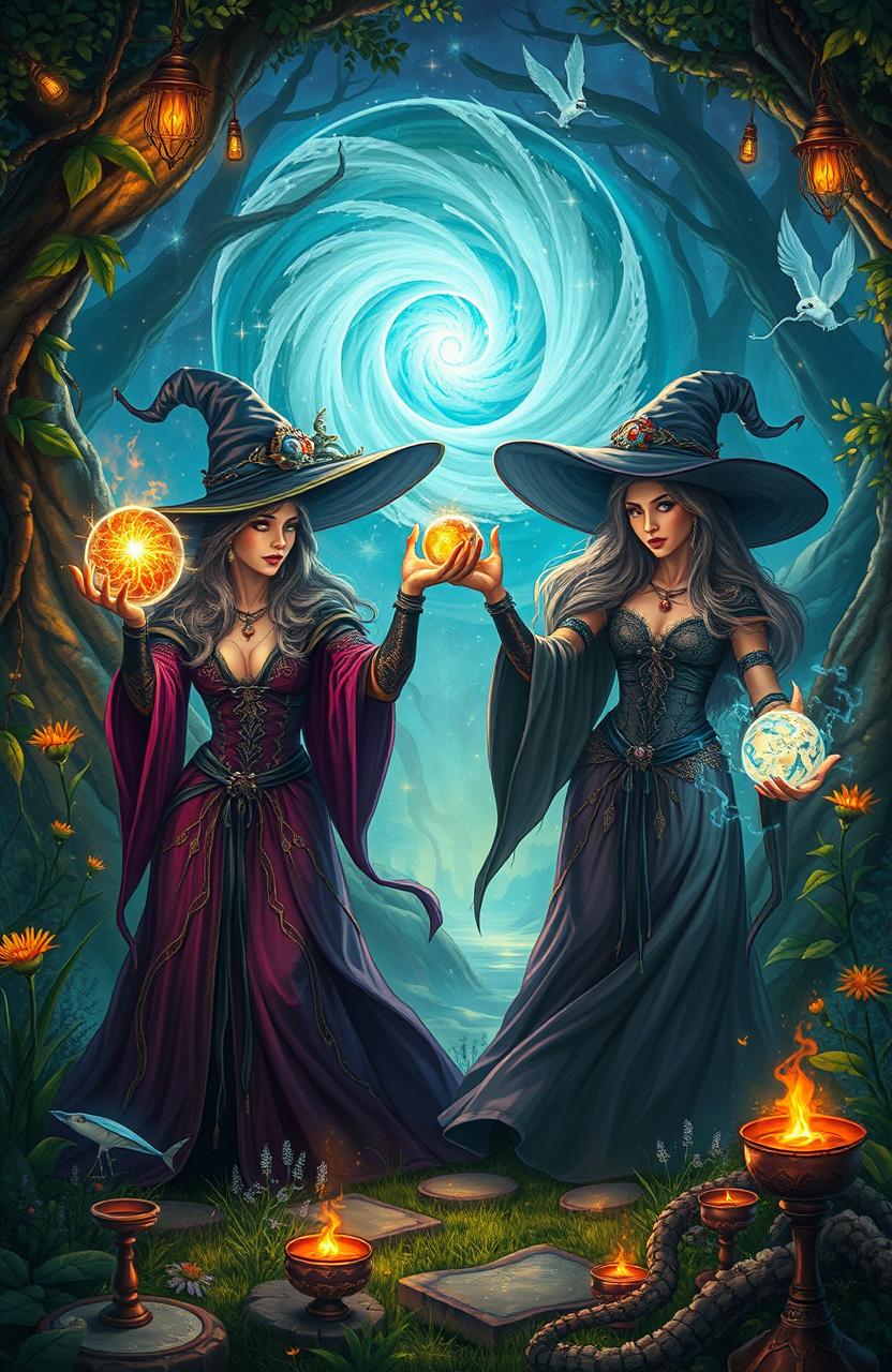 A mystical scene depicting powerful witches casting spells in a lush enchanted forest, adorned with magical artifacts and vibrant flora