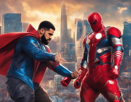 Drake and Kanye West as Marvel superheroes, engaged in an epic battle against the backdrop of a city skyline, with 'Drake vs Kanye: Battle of the Beats' title