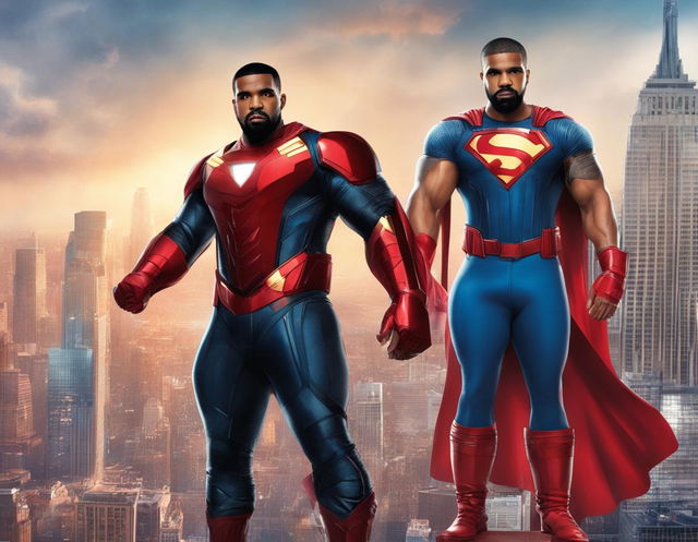 Drake and Kanye West as Marvel superheroes, engaged in an epic battle against the backdrop of a city skyline, with 'Drake vs Kanye: Battle of the Beats' title