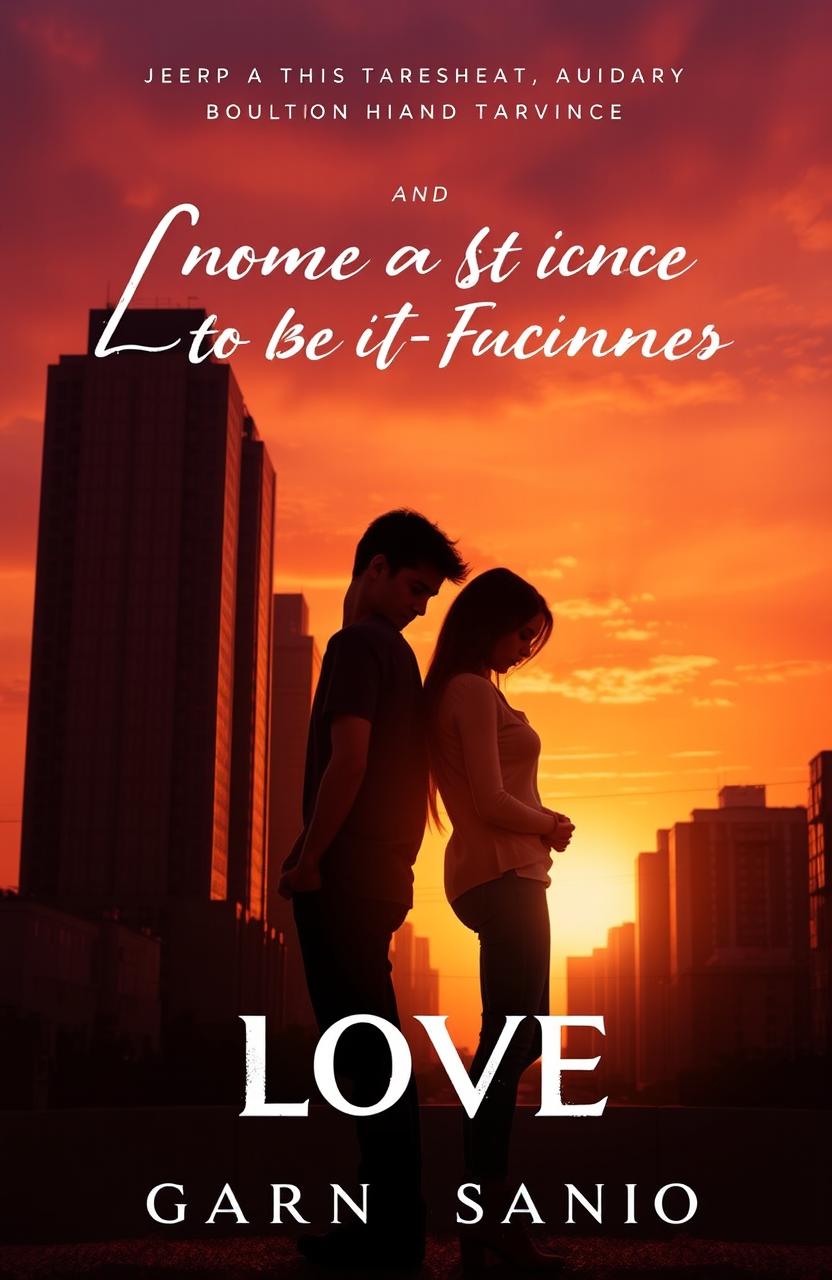 A romantic book cover featuring a pair of teenagers standing back to back in front of towering city buildings during a beautiful sunset