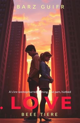 A romantic book cover featuring a pair of teenagers standing back to back in front of towering city buildings during a beautiful sunset