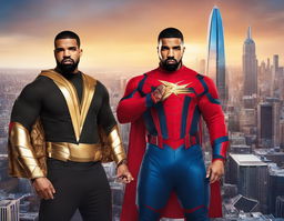 Drake and Kanye West as Marvel superheroes, engaged in an epic battle against the backdrop of a city skyline, with 'Drake vs Kanye: Battle of the Beats' title