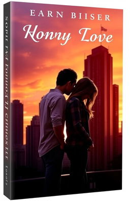 A romantic book cover featuring a pair of teenagers standing back to back in front of towering city buildings during a beautiful sunset