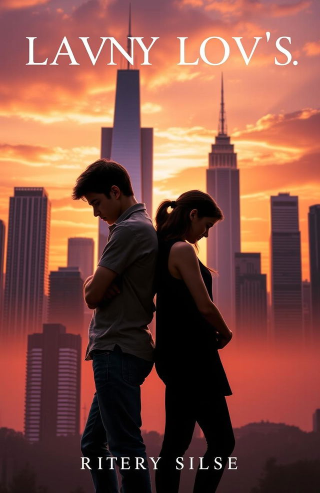 A romantic book cover featuring a pair of teenagers standing back to back in front of towering city buildings during a beautiful sunset