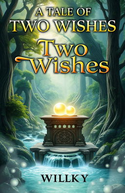 A mystical fantasy novel cover for 'A Tale of Two Wishes' by Willkyy, featuring an enchanting landscape that includes a lush, vibrant forest filled with ancient, towering trees and a sparkling river flowing through it