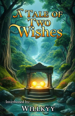 A mystical fantasy novel cover for 'A Tale of Two Wishes' by Willkyy, featuring an enchanting landscape that includes a lush, vibrant forest filled with ancient, towering trees and a sparkling river flowing through it